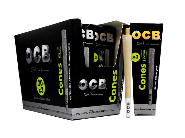 OCB Premium King-Size Slim Pre-Rolled Cones, 3 x 20 packs, in black packaging with lime-green accents