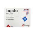 Ibuprofen BP 200 mg tablets box; 16 tablets per pack, Flamingo branding on white background, blue 200 mg diamond label