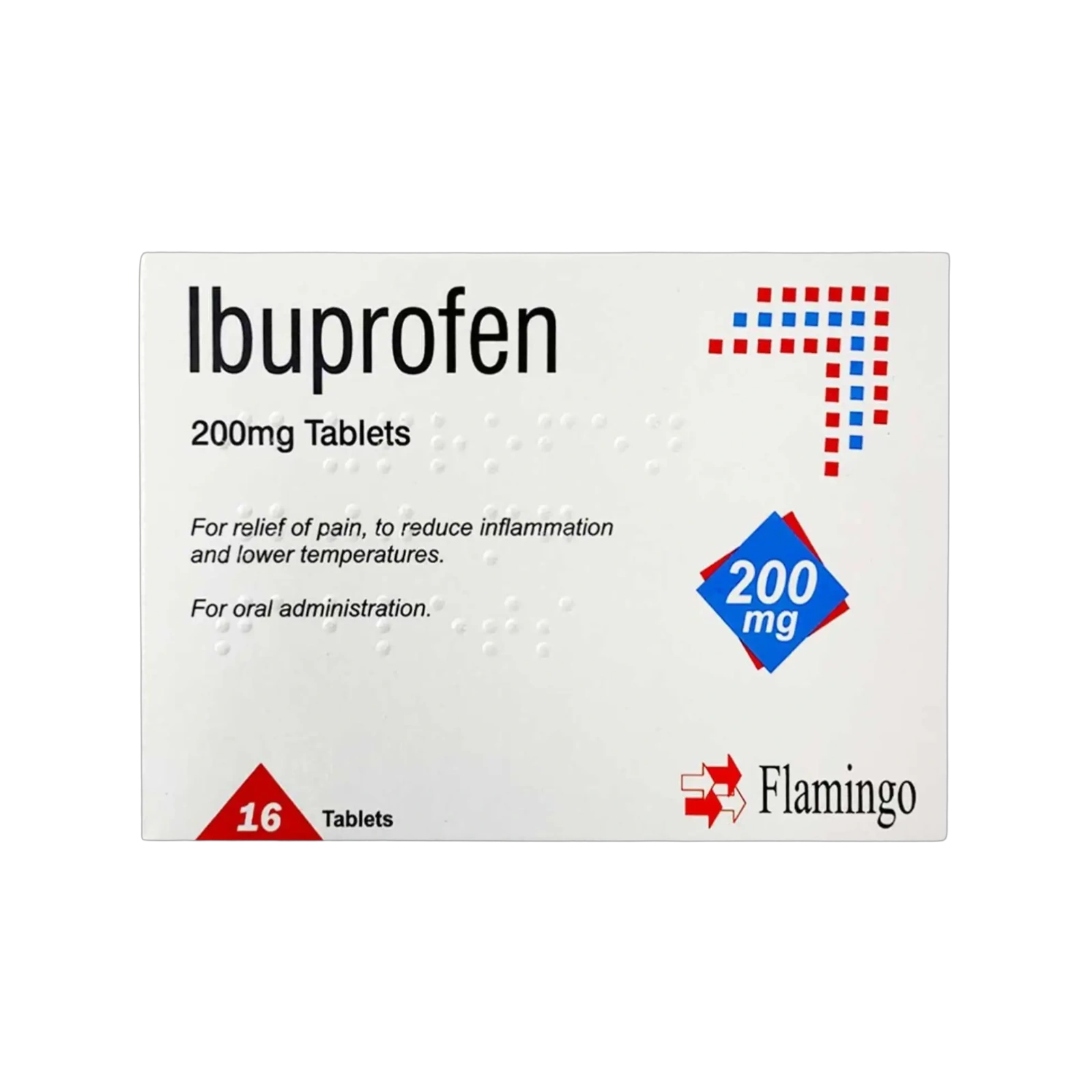 Ibuprofen BP 200 mg tablets box; 16 tablets per pack, Flamingo branding on white background, blue 200 mg diamond label