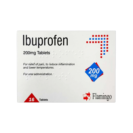 Ibuprofen BP 200 mg tablets box; 16 tablets per pack, Flamingo branding on white background, blue 200 mg diamond label