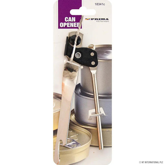 Can Opener Large Tempered on Tie Card; metal with black grip, Prima Kitchenware