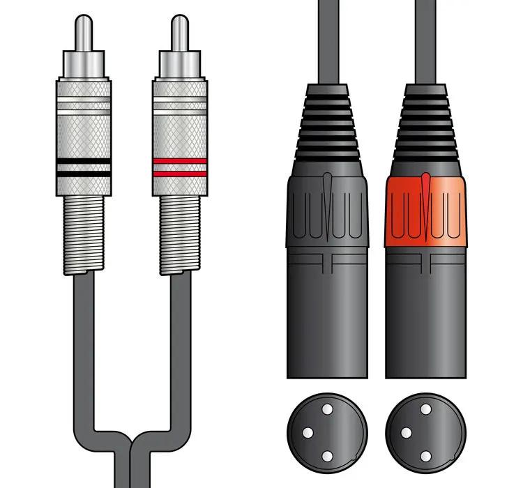 XLR leads: 2 XLRM male to twin RCA cable, Citronic, black with silver plugs.