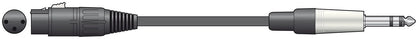 XLRF to 6.35mm mono jack lead; black audio cable with female XLR and 1/4-inch plug.
