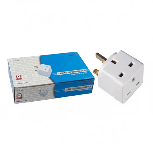 Adaptor Power Plus 2-way 13A unfused, white with blue boxed packaging, two boxes shown