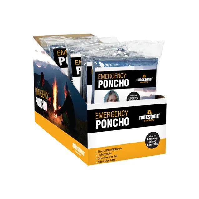 Emergency poncho with hood, adult size, 24-pack display box by Milestone; one size fits all, shown packaging