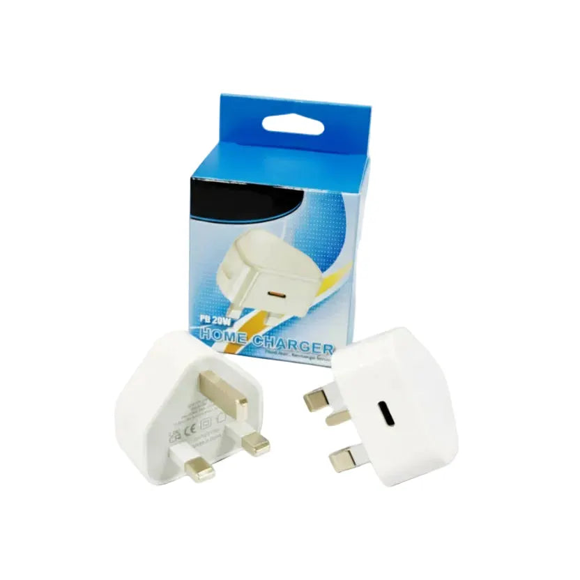 USB-C plug adaptor; white compact wall charger with 1 USB-C outlet and packaging box