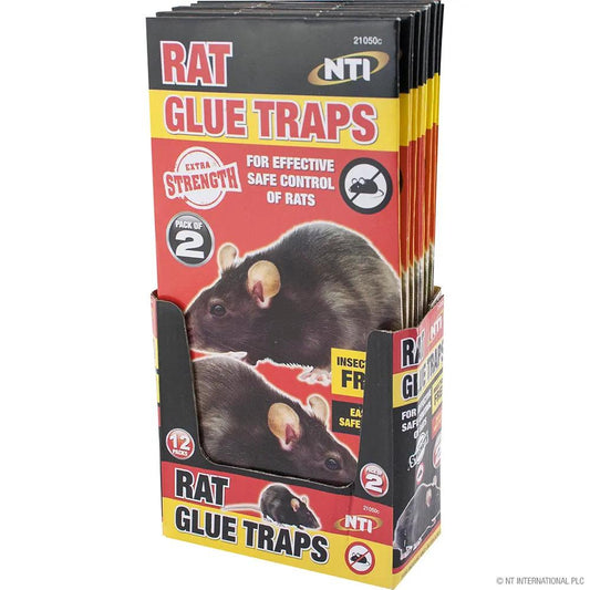 Rat glue traps display box, 2-pack, red and yellow packaging with NTI logo and rat images