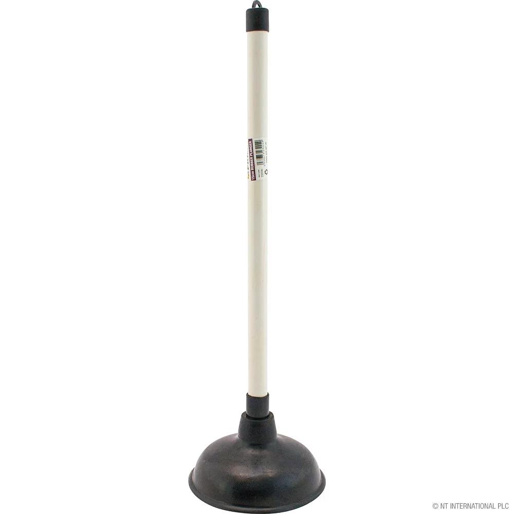Toilet plunger with white PVC shaft and black rubber suction cup, 15 cm