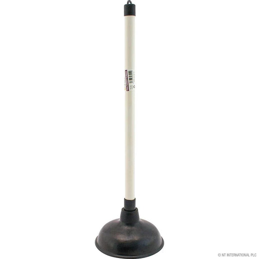 Toilet plunger with white PVC shaft and black rubber suction cup, 15 cm