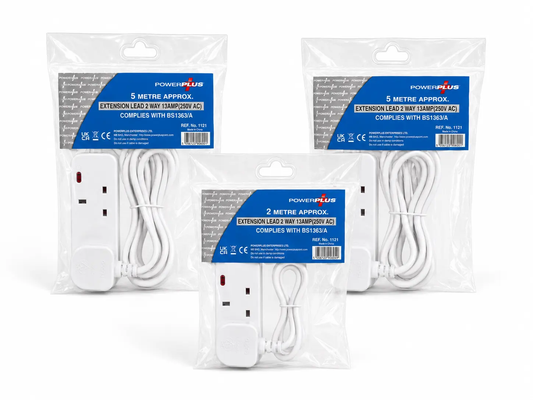 Power Plus 2 Way Extension Lead blister packs, white with blue labels, 2m and 5m lengths, 3 packs shown