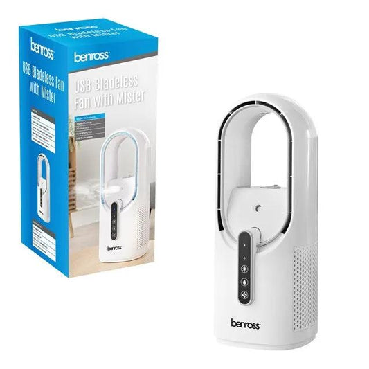 USB bladeless fan with mister by Benross, white; 7-colour LED, 3-speed desk/tower fan for home or office, packaging box visible beside fan