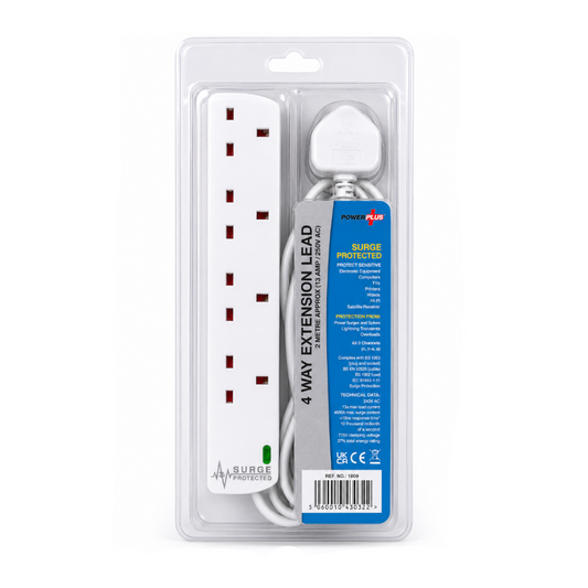 4-way extension lead with packaging on a white background