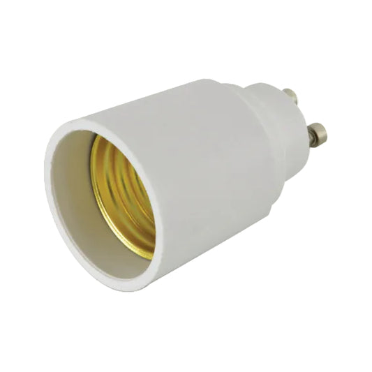 Lamp socket converter, white plastic body with brass E27 socket, GU10-E27.