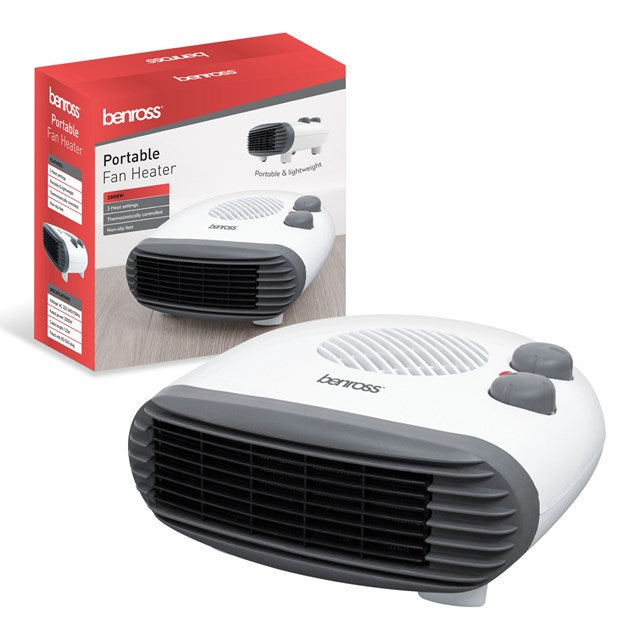 Power Plus portable fan heater with red box; white unit with black front grill.