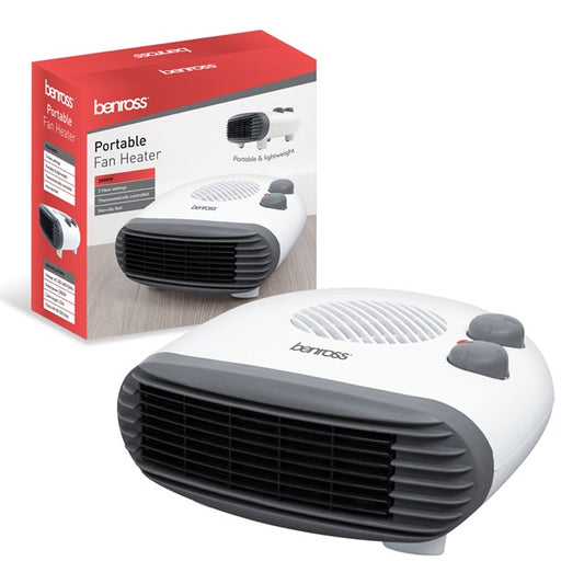 Power Plus portable fan heater with red box; white unit with black front grill.