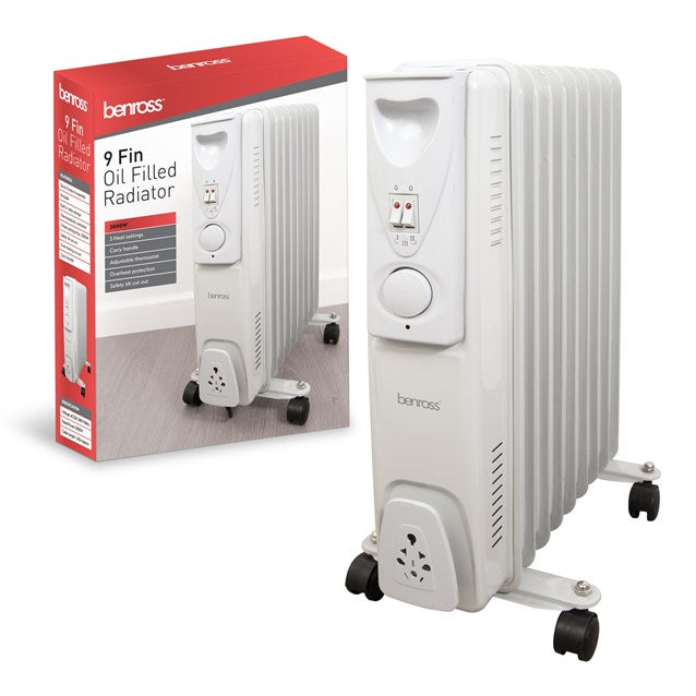 Oil-filled radiator heater by Benross, 2000W, white with caster wheels; 2 items (box and heater).