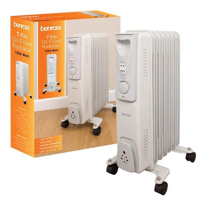 Oil Filled Radiator Heater 2000W, white Benross portable space heater on caster wheels