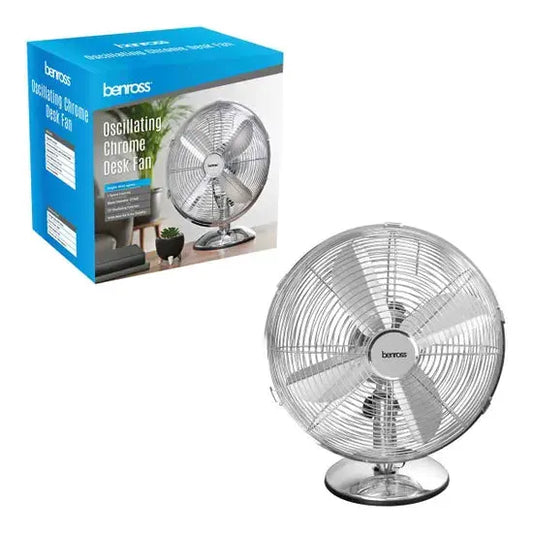 12in oscillating chrome desk fan by Benross with 3 speeds, shown with box