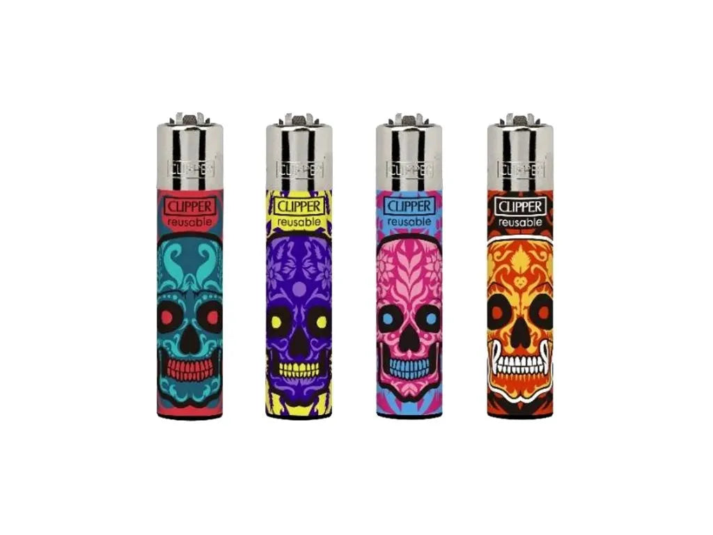 Clipper lighters with Marked Skulls designs, colorful skulls, 4-pack