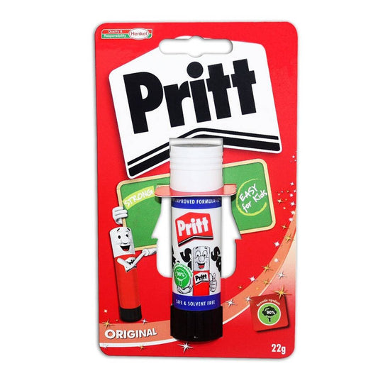 Pritt glue stick on red blister-card packaging, original formula with white cap