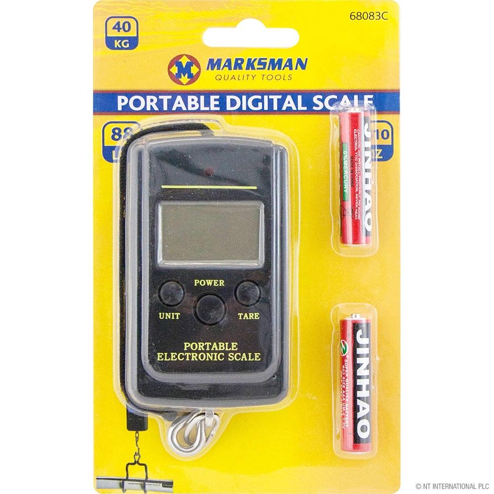 Marksman digital luggage scale with 40 kg capacity; black handheld unit, batteries included.