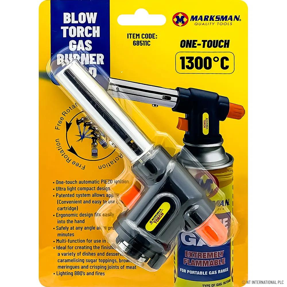 Marksman multipurpose blow torch gas burner adaptor head, gray metal body with black handle and orange nozzle