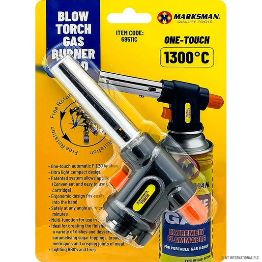 Marksman multipurpose blow torch gas burner adaptor head, gray metal body with black handle and orange nozzle