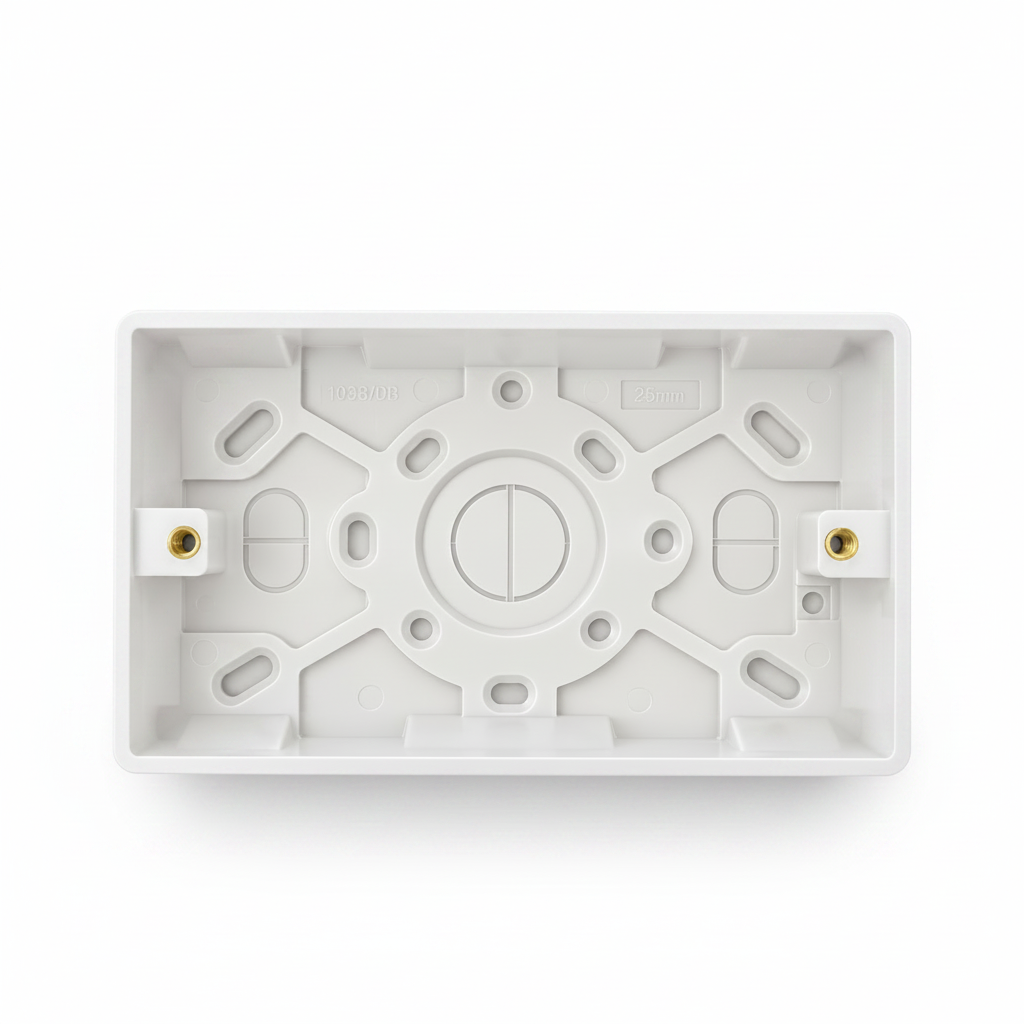 White plastic junction box backplate inside a clear plastic hanging retail bag, photographed on a white background.