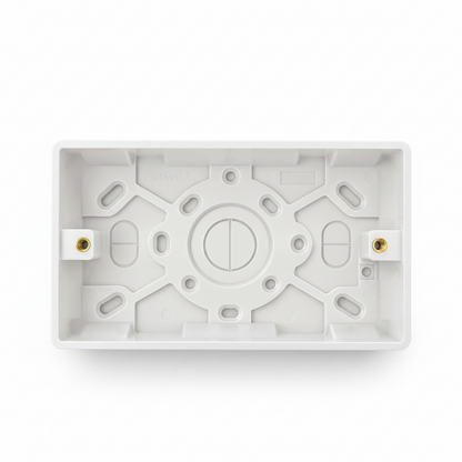 White plastic junction box backplate inside a clear plastic hanging retail bag, photographed on a white background.