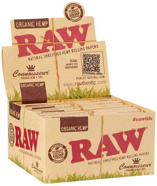 RAW organic hemp king-size slim rolling papers on a stacked display with Connoisseur branding