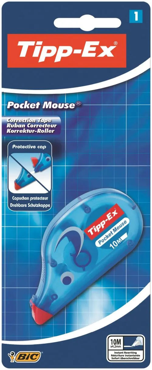 Tipp-Ex Pocket Mouse correction tape dispenser, blue plastic with logo, 10 m blister card 10-pack