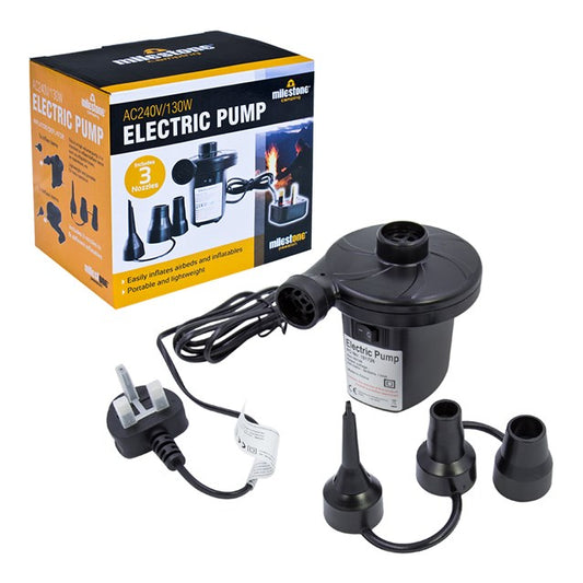 Milestone electric bicycle pump with 3 nozzles, AC240V/130W, black portable unit