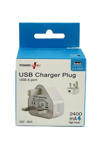 USB Charger Plug by Power Plus with 1 USB A port, 2.4A output