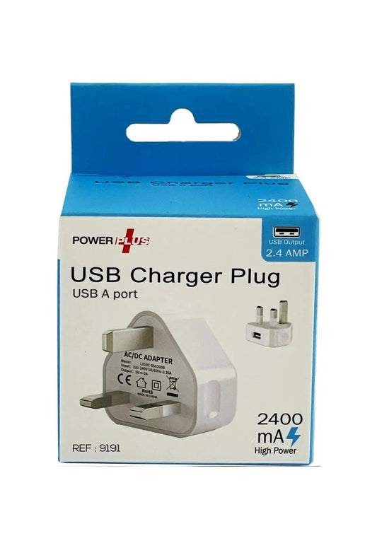 USB Charger Plug by Power Plus with 1 USB A port, 2.4A output