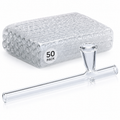 A 50-pack of clear glass water pipes shown with one individual pipe in the foreground and a clear plastic storage case in the background. The case features a white circular label that reads '50 PACK'.