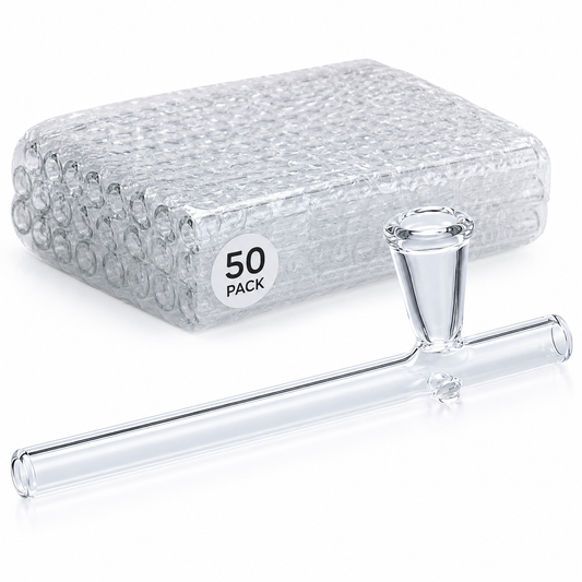 A 50-pack of clear glass water pipes shown with one individual pipe in the foreground and a clear plastic storage case in the background. The case features a white circular label that reads '50 PACK'.