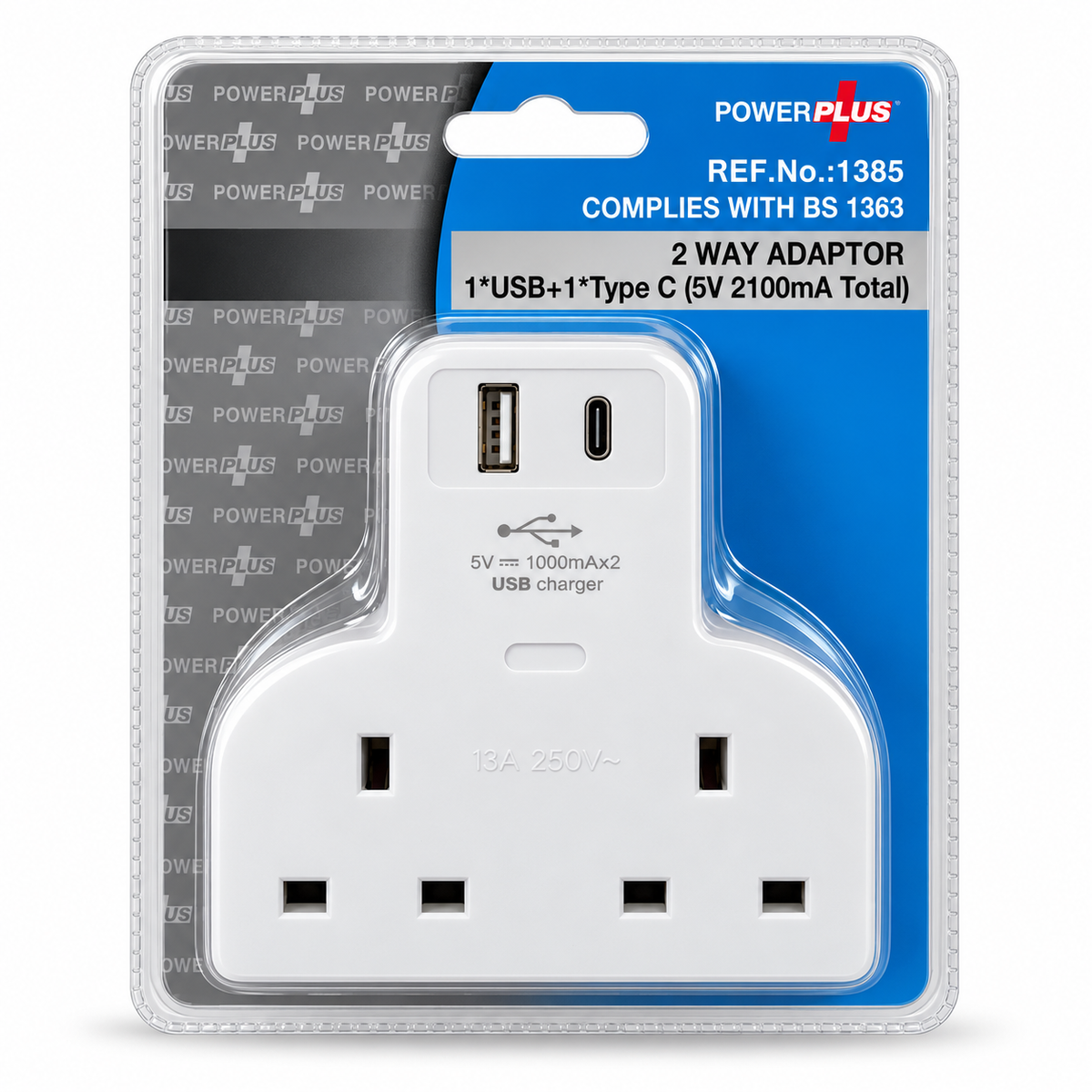 Adaptor - 2 Way Gang Wall Mains Plug Extension Adaptor With 1 USB + 1 USB C Chargers Power Plus