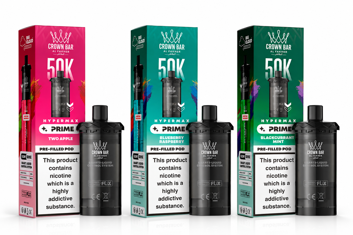 Three Crown Bar PRIME 50K Hypermax pre-filled pods with their colorful retail boxes displayed side by side on a white background. The pods are black with silver accents, and the boxes feature vibrant pink, teal, and dark green designs with flavor labels including Two Apple, Blueberry Lemonade, and Blackcurrant Mint.