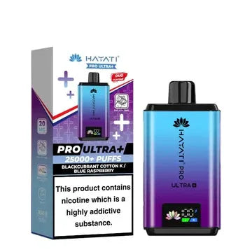 Vape device Hayati Pro Ultra+ 25000+ Puffs Pod Kit X5, blue-purple gradient with black mouthpiece beside Hayati box