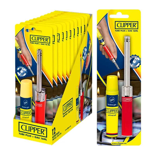 Clipper BBQ Tube Plus lighters with 16ml gas, yellow 12-pack display