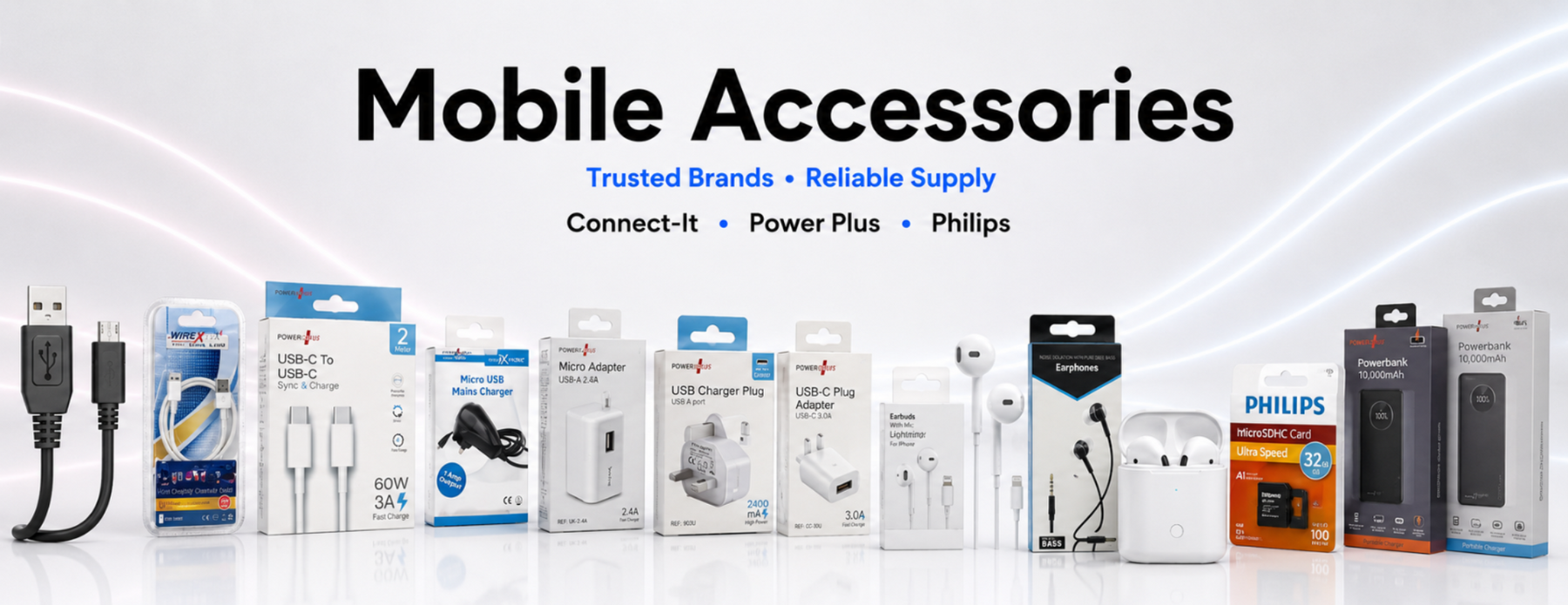 121 wholesale Collection of mobile accessories including chargers and power banks on a white background with visible brand logos.