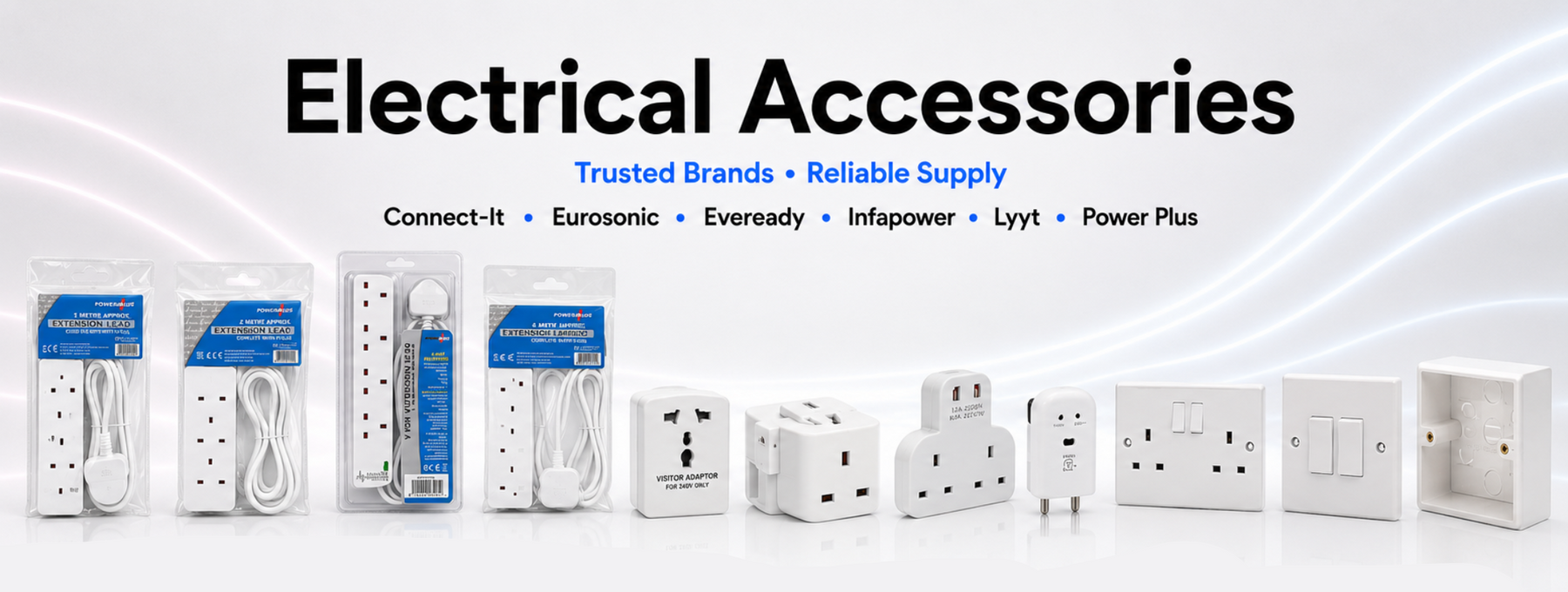 121 wholesale Electrical accessories including extension leads, adaptors, sockets, switches, and electrical fittings on a white background with branding text.