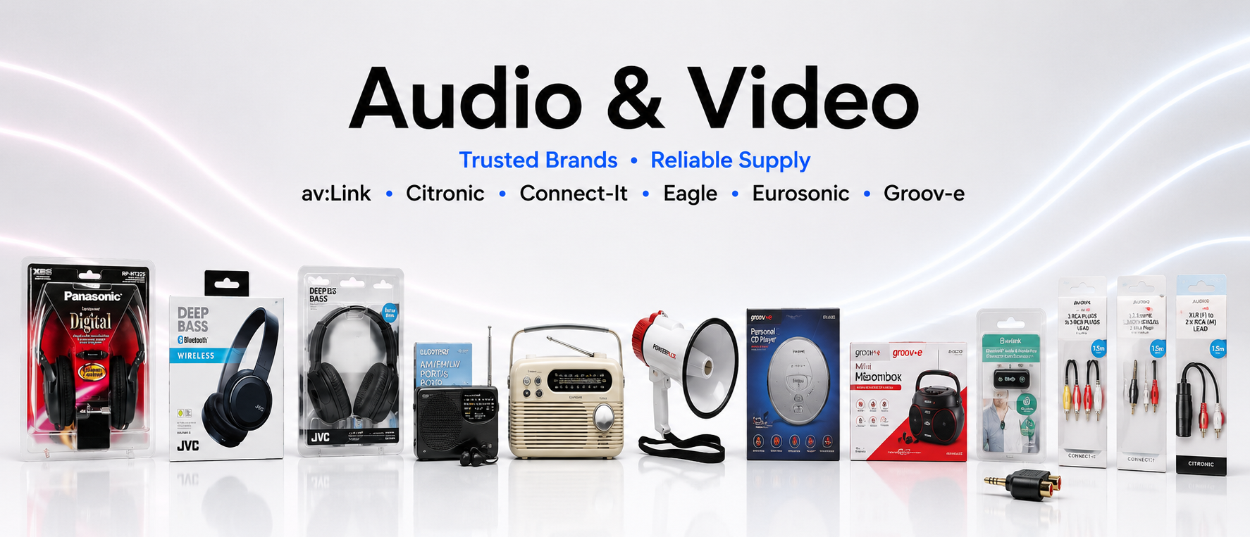 Audio and video products including headphones, radio, and speakers on a white background with brand names displayed.