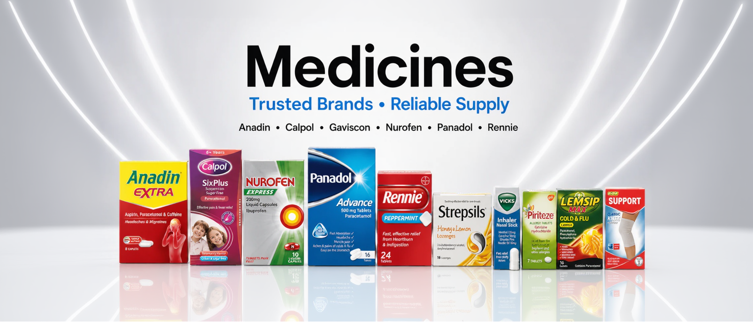 Display of various medicine boxes with brand names on a white background