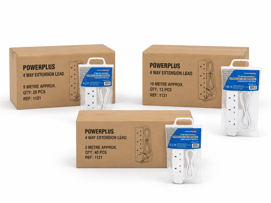 PowerPlus 4 Way Extension Lead; three bulk sets (5m, 10m, 2m) with white cords in brown cardboard boxes