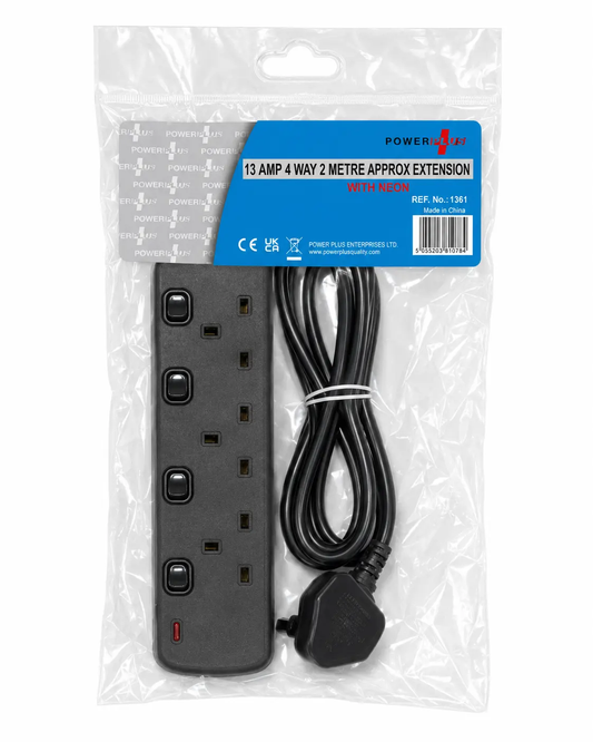 Power Plus 4-way switched extension lead, black with neon indicator, 2m cord in hangable blister pack