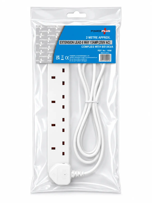 Power Plus 6 Way Extension Lead in hangable blister pack, white with 2m approx cord