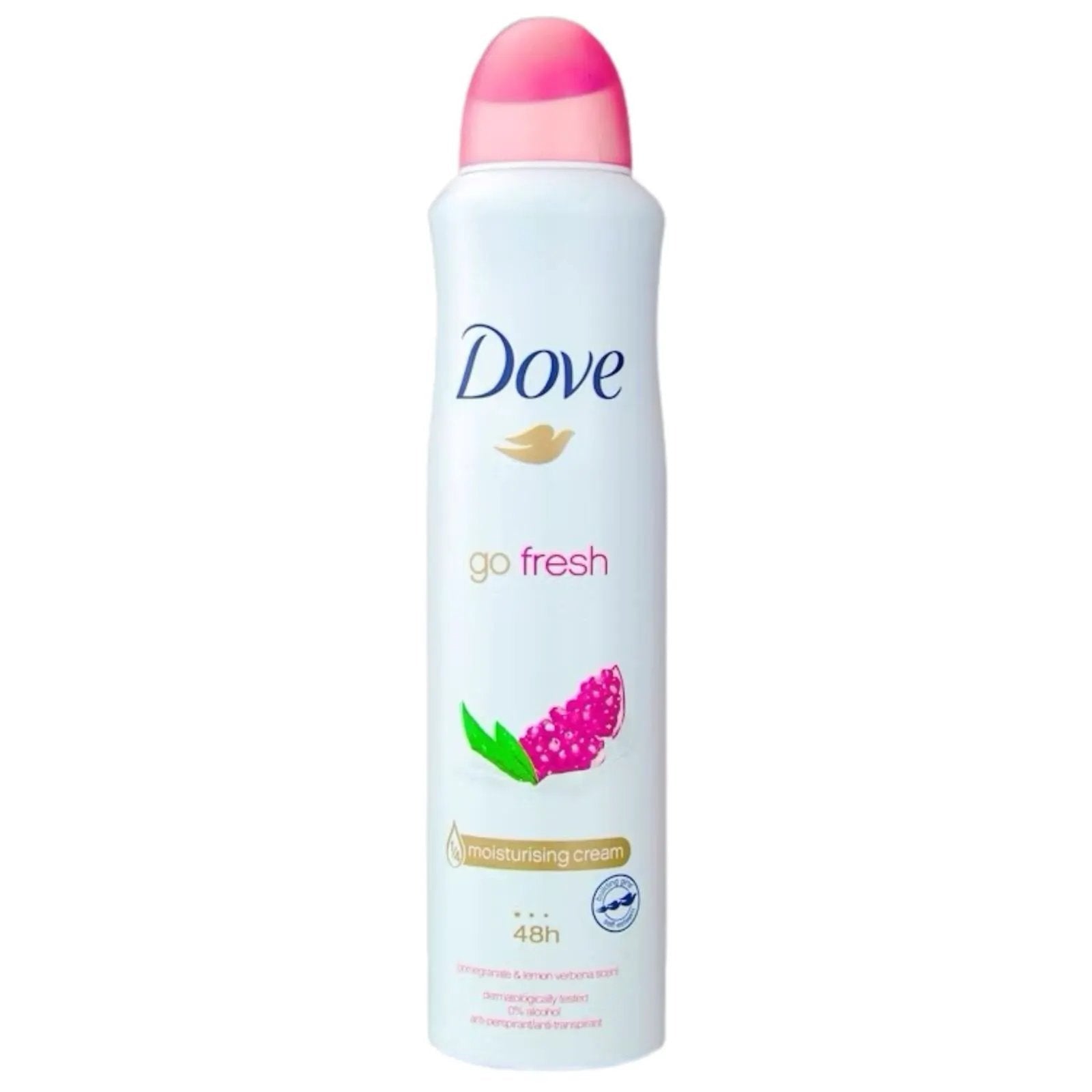 Dove antiperspirant spray bottle; white can with pink cap, go fresh pomegranate & lemon scent.