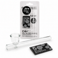 D&K New Gear 5 Silver Screen glass pipe set, including a clear glass bowl, a clear glass pipe neck, a clear glass mouthpiece, and a black fabric screen pouch with silver circular patterns, shown on a white background. D & K GLASS PIPE WITH  5xSCREEN. UK SUPPLIER 121 WHOLESALE 