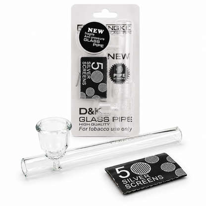 D&K New Gear 5 Silver Screen glass pipe set, including a clear glass bowl, a clear glass pipe neck, a clear glass mouthpiece, and a black fabric screen pouch with silver circular patterns, shown on a white background. D & K GLASS PIPE WITH  5xSCREEN. UK SUPPLIER 121 WHOLESALE 